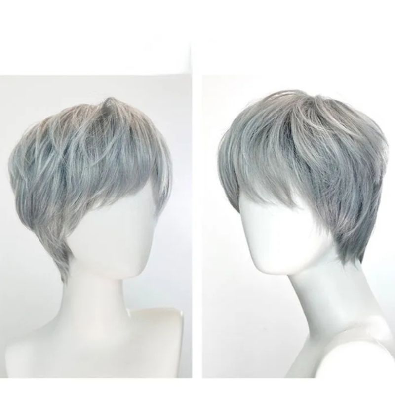 Wig Pria Lurus Pendek Rambut Palsu Pria dengan Poni Versi Pria Korea Tampan