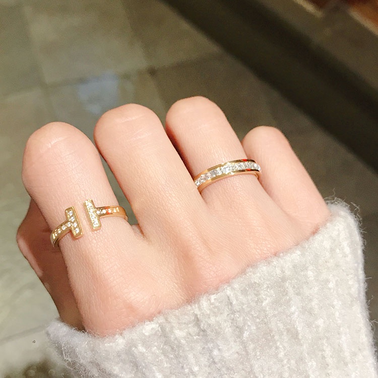 Cincin Pembukaan Berlian Berkilau Huruf T Ganda Aksesori Pasangan Korea Wanita