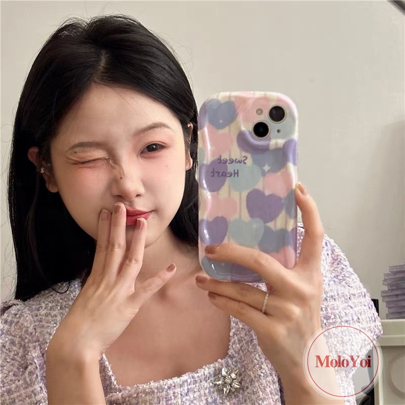 IPHONE Ins Lukisan Cat Minyak Cinta Hati Casing Kompatibel Untuk Iphone11 13 12 14 Pro Max XR 7plus 6s 6 7 8 Plus X XS Max SE 2020 Tpu Lembut Shockproof Airbag Glossy 3D Wavy Curved Edge Case