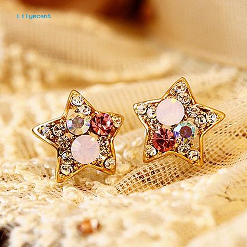 Lilyscent Fashion Wanita Elegan Berlian Imitasi Bentuk Bintang Ear Stud Earrings Perhiasan Pesta