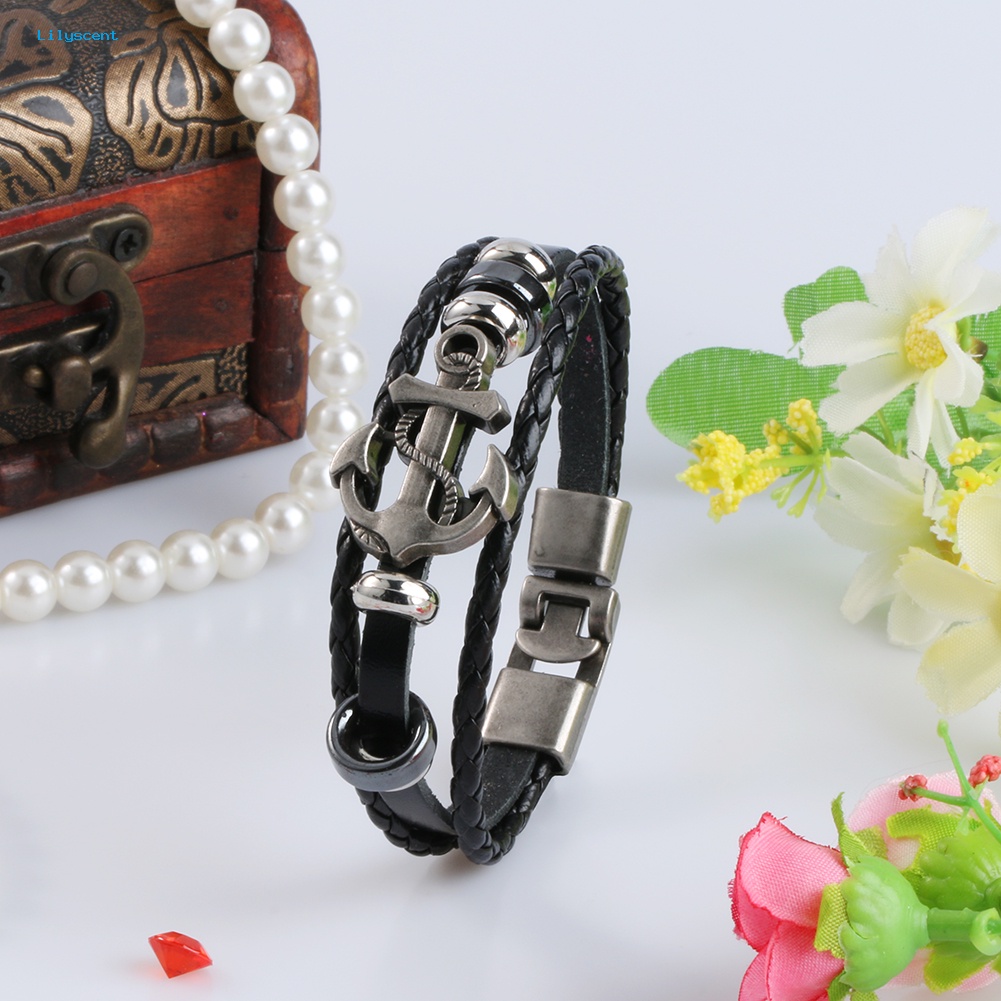 Lilyscent Pria Vintage Logam Jangkar Baja Bertabur Surfer Kulit Imitasi Bangle Cuff Gelang