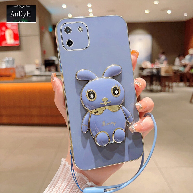 Andyh Case Handphone Untuk OPPO Realme C11 Lucu Kartun Kelinci Kecil Tepi Lurus Soft Shell Mengirim lanyard Silikon
