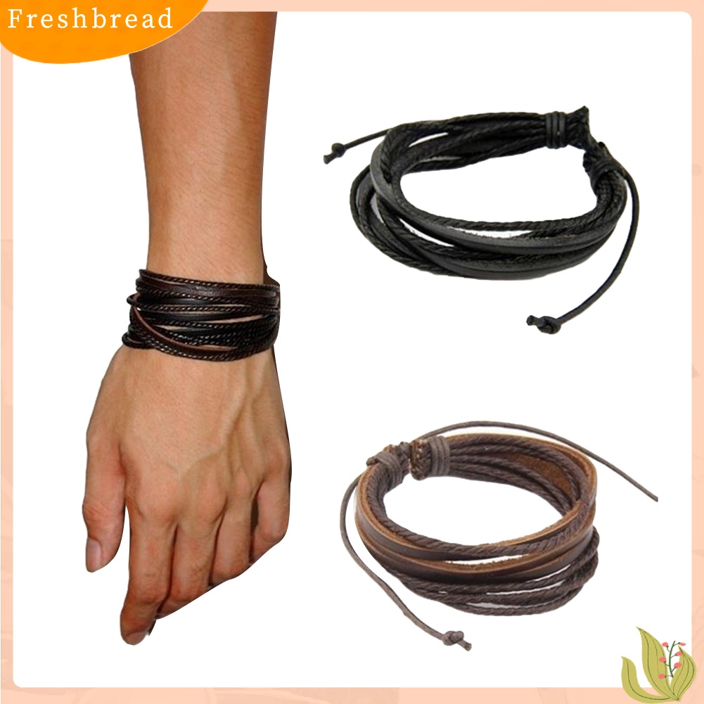 &lt; Freshbread &gt; Fashion Unisex Multi-layer Kulit Imitasi Dikepang Tali Gelang Bangle Pergelangan Tangan Hadiah