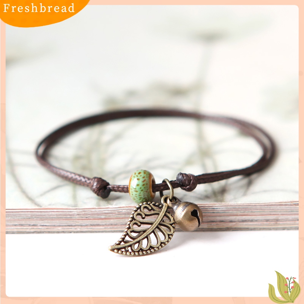 &lt; Freshbread &gt; Gelang Manik-Manik Keramik Bangle Tali Rantai Vintage Liontin Daun Perhiasan Pasangan