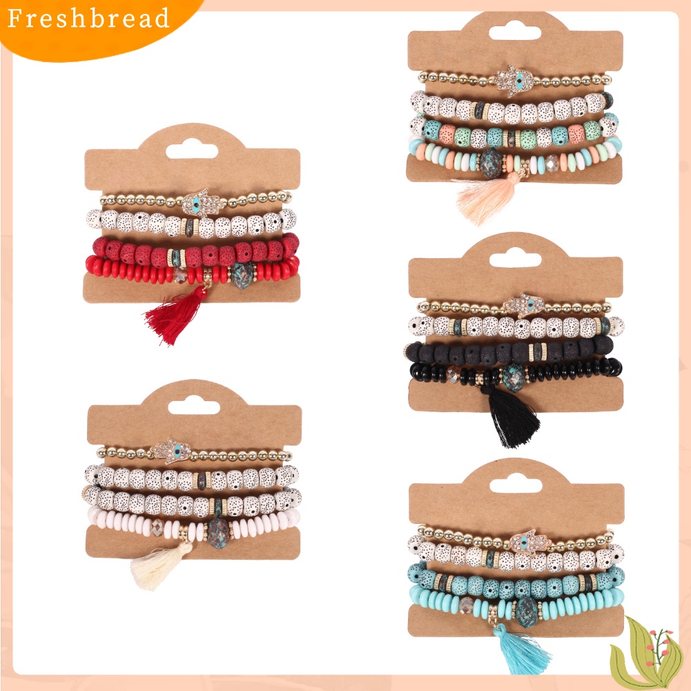 &lt; Freshbread &gt; 4Pcs Vintage Wanita Mutiara Imitasi Bodhi Beads Rumbai Gelang Set Pernyataan Perhiasan