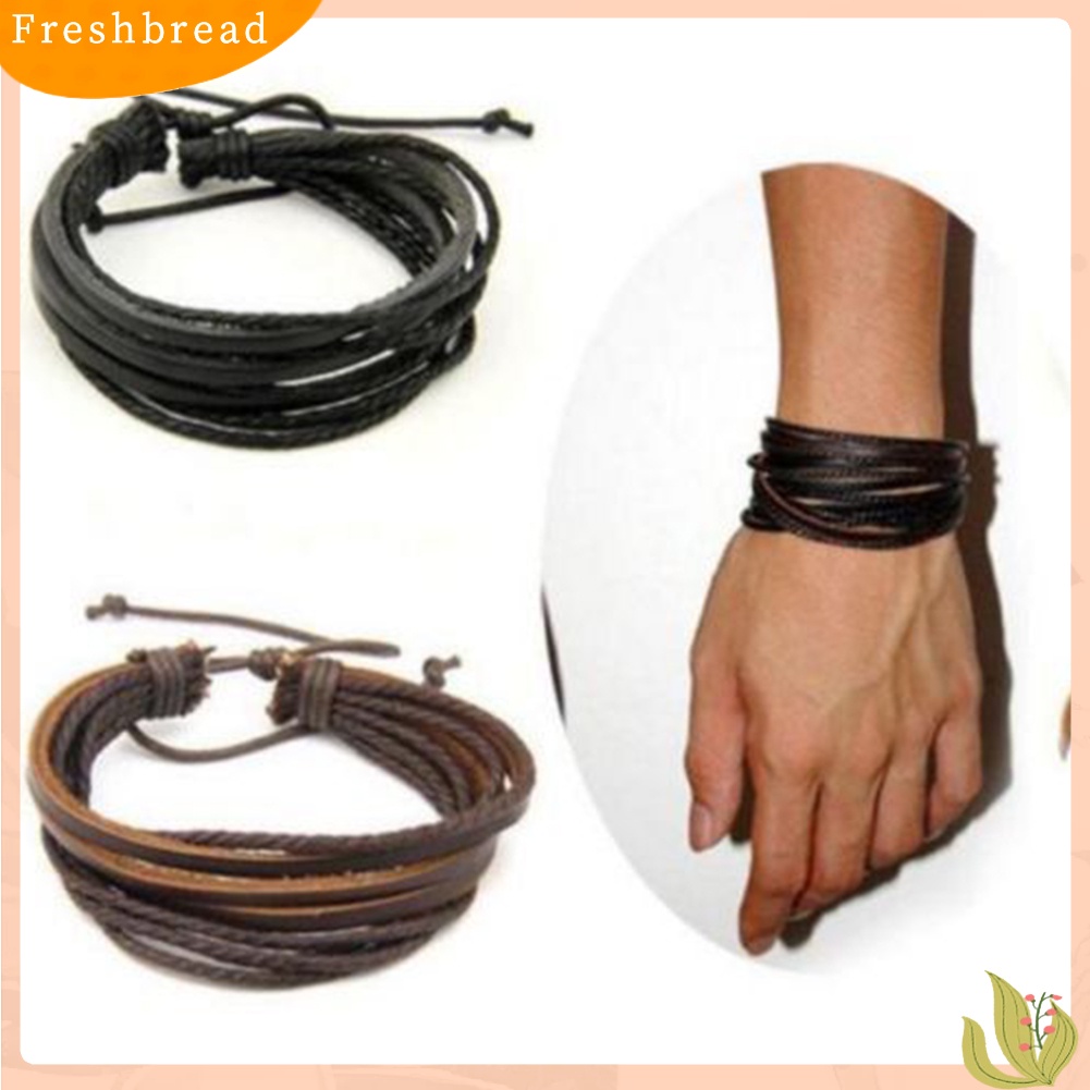 &lt; Freshbread &gt; Vintage Pria Wanita Kulit Imitasi Multilayer Gelang Bangle Gelang Perhiasan