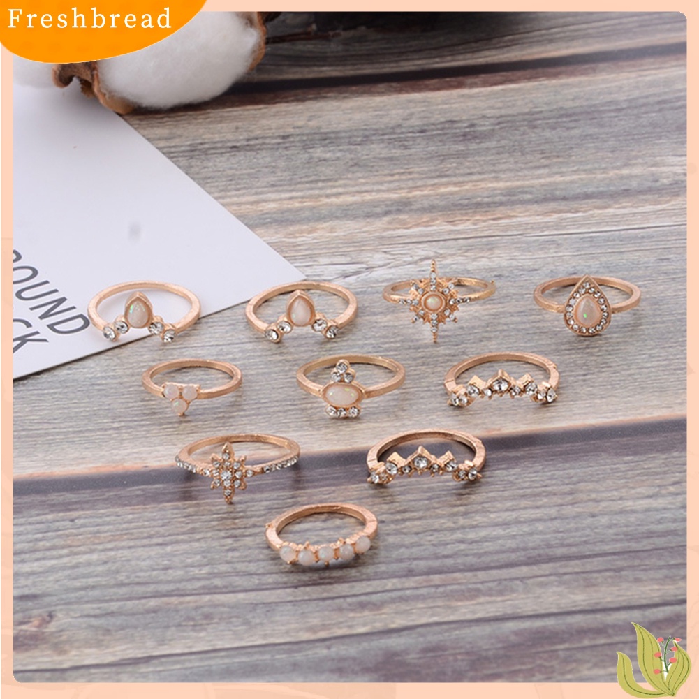 &lt; Freshbread &gt; 10Pcs/Set Wanita Tetesan Air Mahkota Berlian Imitasi Susun Midi Knuckle Finger Rings