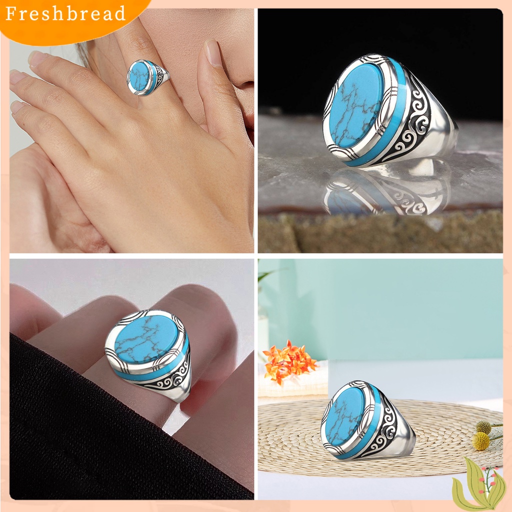 &lt; Freshbread &gt; Electroplating Polishing Lebar Pria Cincin Punk Retro Pola Ukir Faux Turquoise Ring Perhiasan Aksesoris