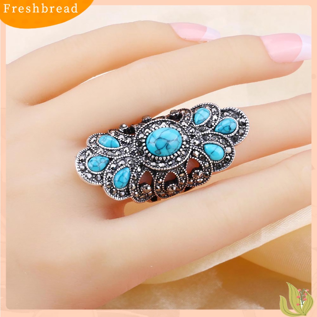 &lt; Freshbread &gt; Vintage Bertatahkan Pirus Berlian Imitasi Jari Cincin Berongga Pesta Simetris Perhiasan