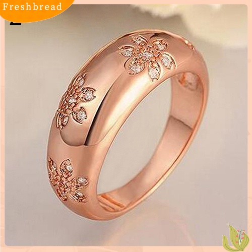 &lt; Freshbread &gt; Wanita Isi Emas 9K Cubic Zirconia Pola Bunga Ukiran Band Cincin Perhiasan