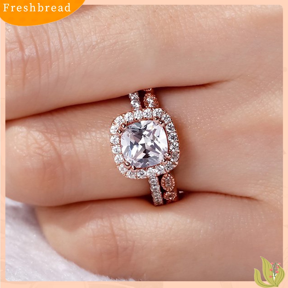 &lt; Freshbread &gt; 2Pcs/Set Wanita Emerald Cut Cubic Zirconia Stacking Finger Ring Perhiasan Pernikahan