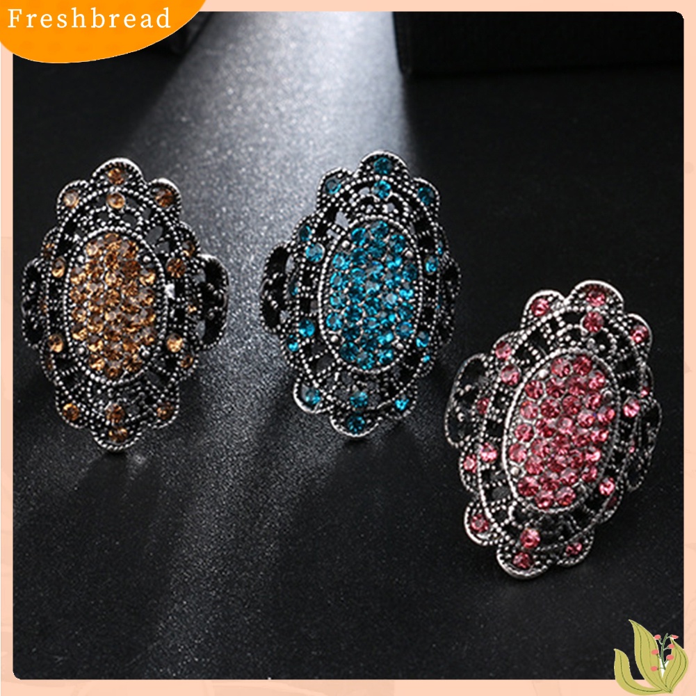 &lt; Freshbread &gt; Perhiasan Pesta Wanita Vintage Bentuk Oval Berongga Berlian Imitasi Jari Cincin Hadiah