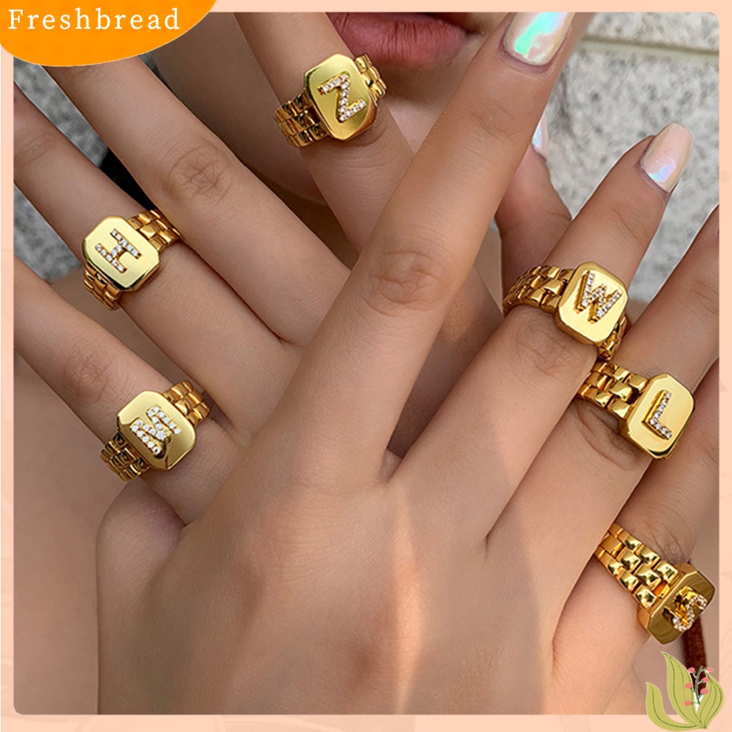 &lt; Freshbread &gt; Cincin Unisex Lebar Bukaan Dapat Disesuaikan Berlian Imitasi 26huruf Jari Cincin Perhiasan Aksesoris