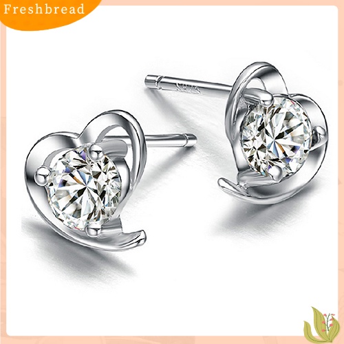 &lt; Freshbread &gt; Fashion Wanita Cinta Hati Cubic Zirconia925 Sterling Silver Ear Studs Earrings