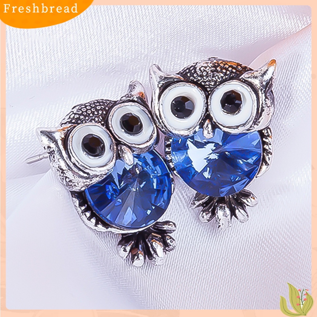 < Freshbread > Ear Studs Owl Berbentuk Berlian Imitasi Hias Alloy Stud Earrings Charm Perhiasan Fashion Untuk Pesta