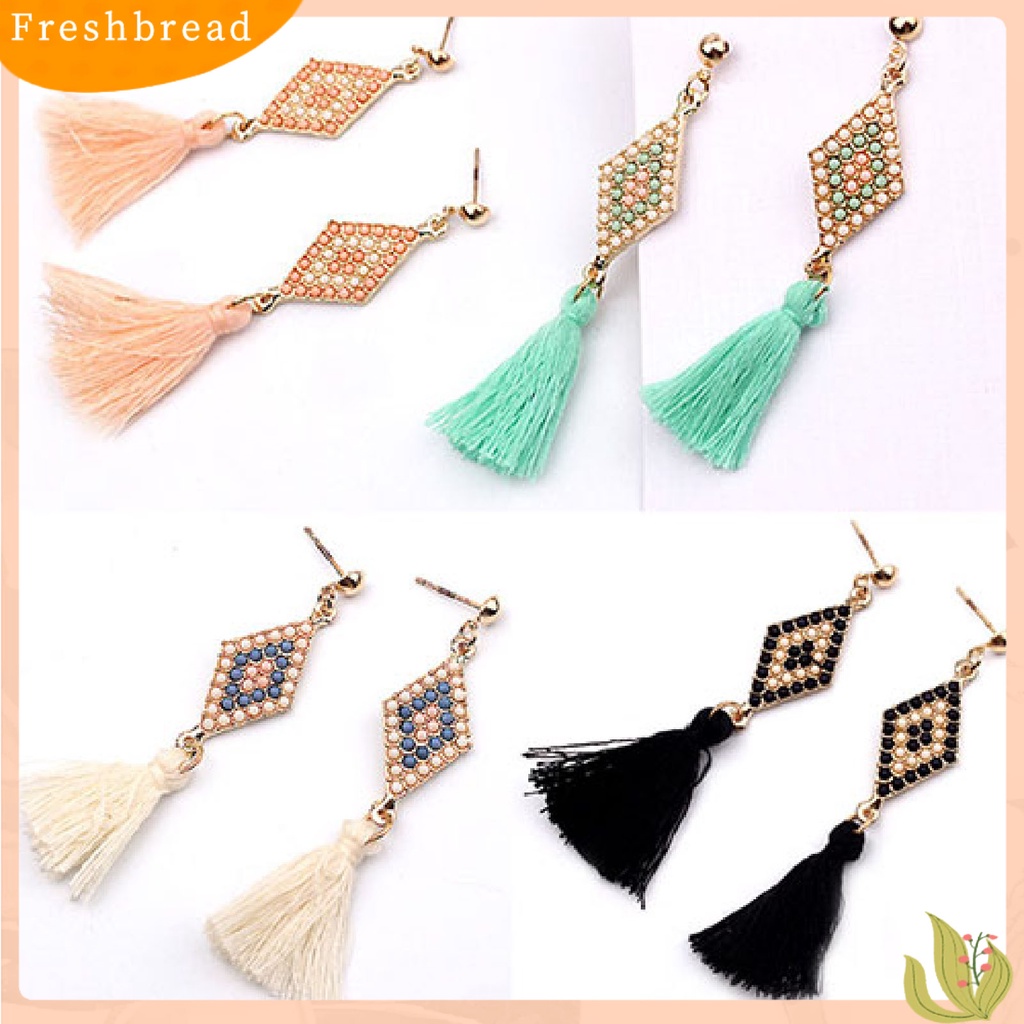 &lt; Freshbread &gt; 1pasang Ear Studs Gaya Folk Elegan Bentuk Rhombic Thread Fringed Earrings Untuk Hadiah