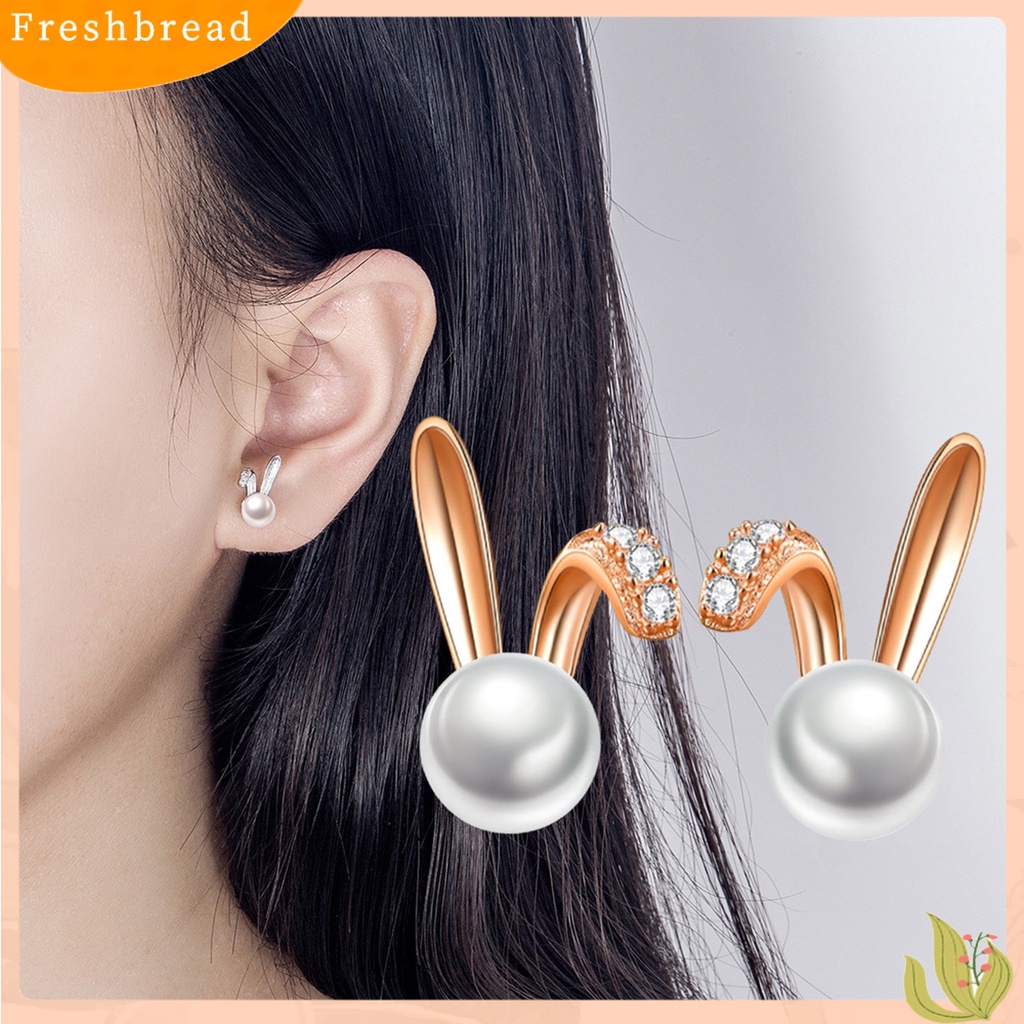 &lt; Freshbread &gt; 1pasang Ear Studs Geometric Charming Shining Piercing Tanpa Sakit Memakai Dekorasi Hypoallergenic Kelinci Mutiara Imitasi Anting-Anting Perhiasan Aksesori