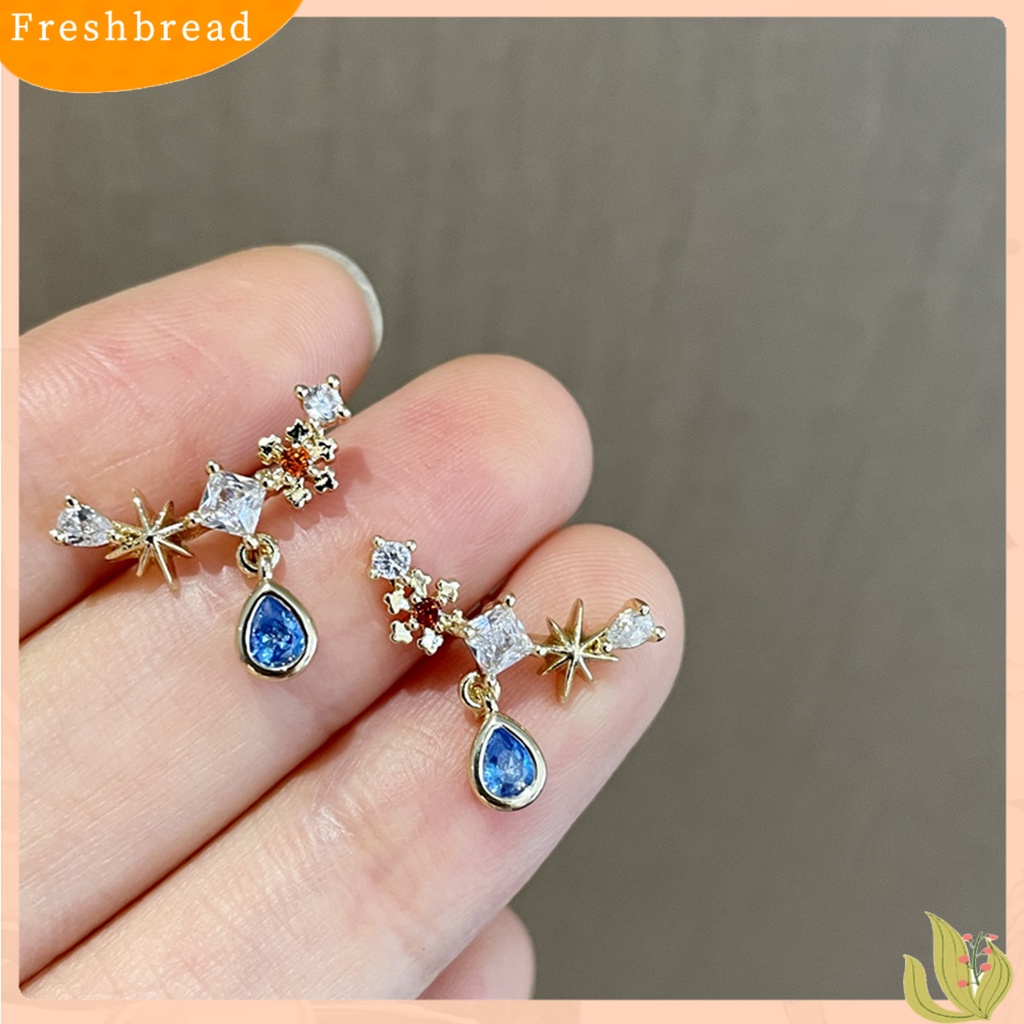 &lt; Freshbread &gt; Kalung Wanita Vintage Tahan Aus Anting Copper Silver Post Blue Water Drop Zircon Untuk Musim Panas