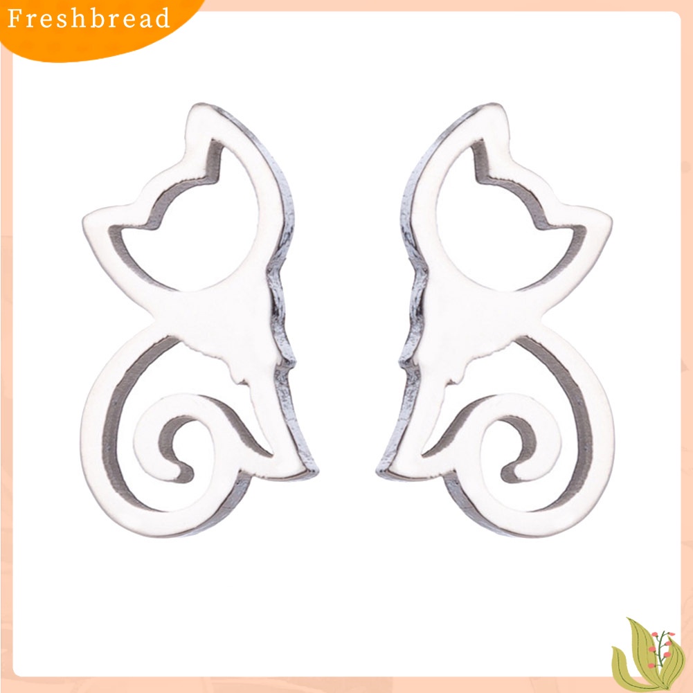 &lt; Freshbread &gt; Anting Tusuk Stainless Steel Kucing Berongga Minimalis Perhiasan Wanita Hewan Lucu