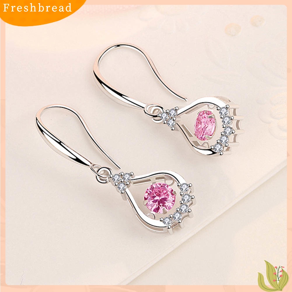 &lt; Freshbread &gt; Wanita Bulat Cubic Zirconia Hias Tetesan Air Menjuntai Kait Anting Perhiasan Hadiah