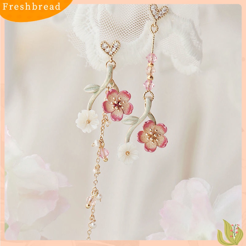 &lt; Freshbread &gt; 1pasang Drop Earrings Cherry Rhinestones Perhiasan Rumbai Panjang Bunga Menjuntai Anting Hadiah Ulang Tahun