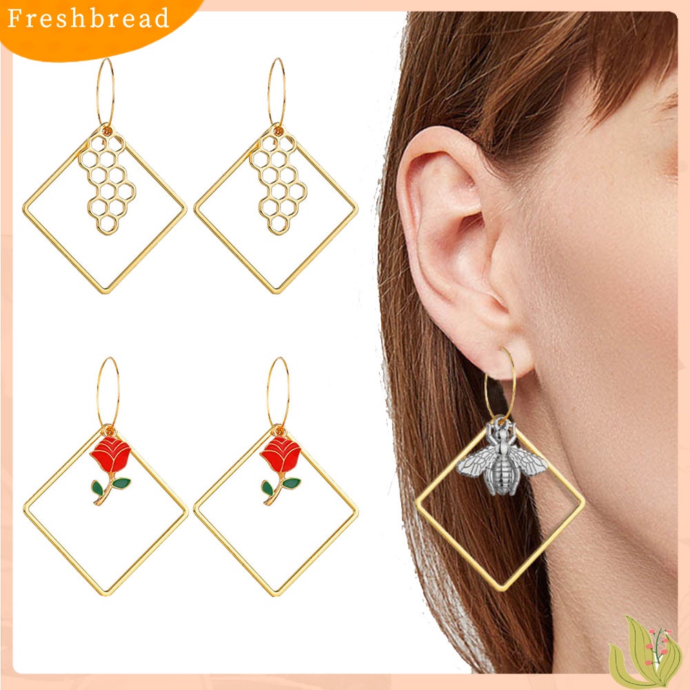 &lt; Freshbread &gt; Fashion Wanita Berongga Persegi Lebah Cherry Rose Panjang Menjuntai Hoop Earrings Perhiasan