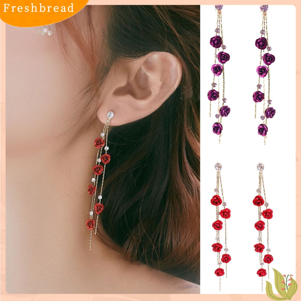 &lt; Freshbread &gt; 1pasang Berlian Imitasi Mengkilap Elegan Wanita Anting Bunga Mawar Panjang Rumbai Drop Earrings Perhiasan Pesta