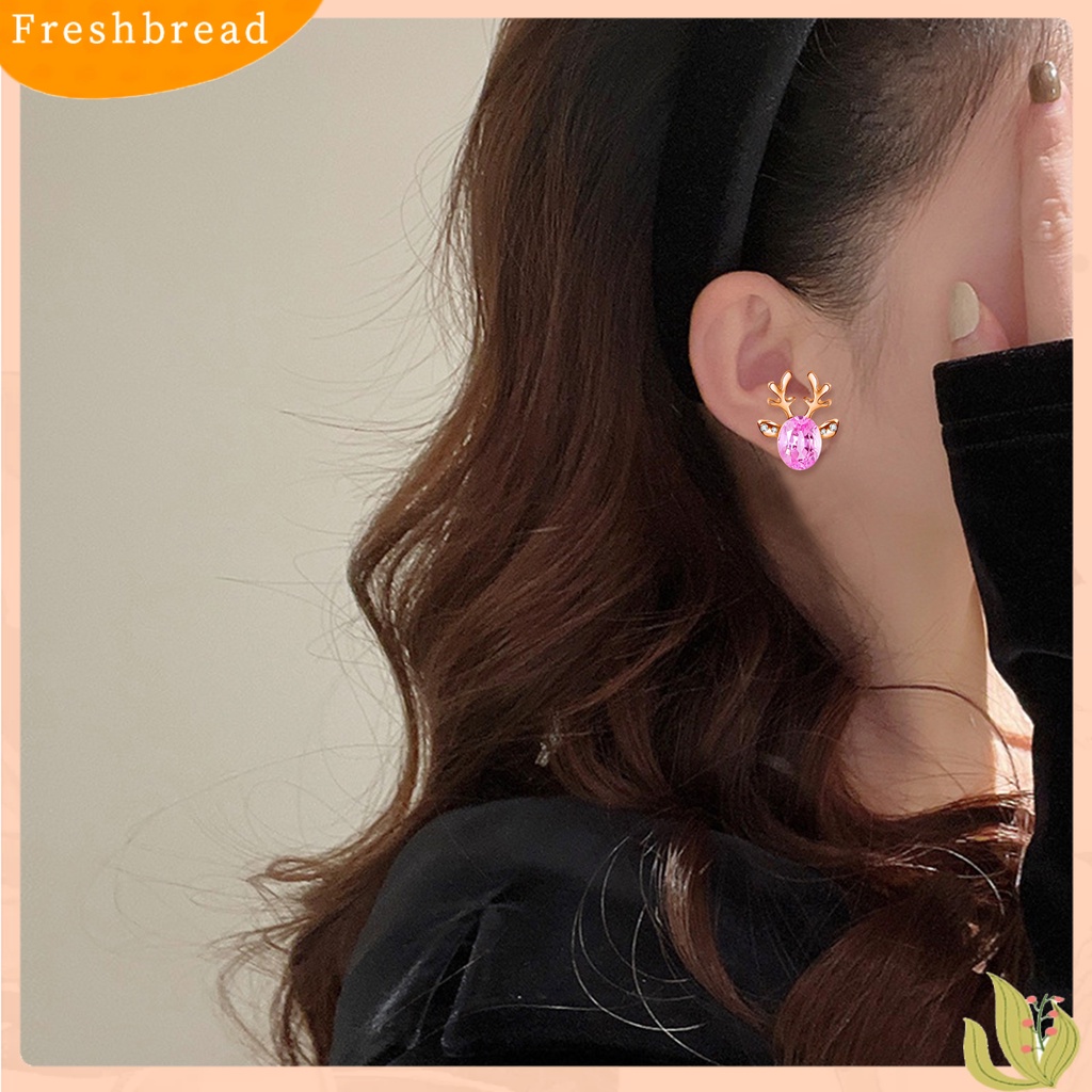 &lt; Freshbread &gt; 2Pcs Natal Ear Studs Boho Faux Gemstone Shiny Rhinestone Hias Festival Hadiah Xmas Tanduk Stud Anting Wanita Perhiasan Pesta Untuk Tahun Baru