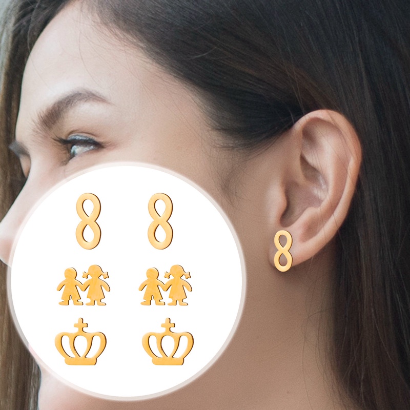 3pasang/set Anting Pejantan Mahkota Gadis Geometri Minimalis Stainless Steel Anting Korea