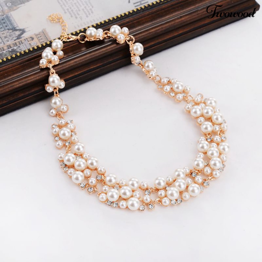 Twowood 2pcs/Set Perhiasan Pernikahan Set Mutiara Imitasi Multi Warna Royal Mewah Permukaan Halus Wanita Kalung Anting Set Perempuan Aksesori