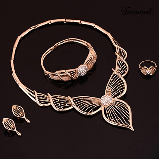 Twowood Princess Sweet Set Perhiasan KC Lapis Emas Hollow Kalung Bangle Cincin Anting