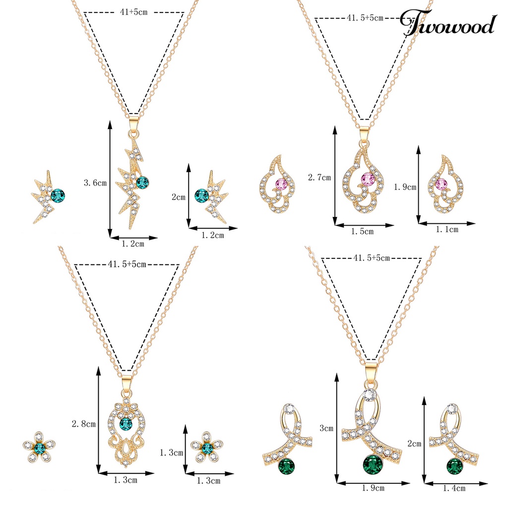 Twowood 1set Wanita Kalung Anting Geometris Elegan Hias Sparkling Adjustable Perhiasan Hadiah Faux Gem Lady Fashion Berlian Imitasi Mengkilap Liontin Kalung Anting Untuk Pesta