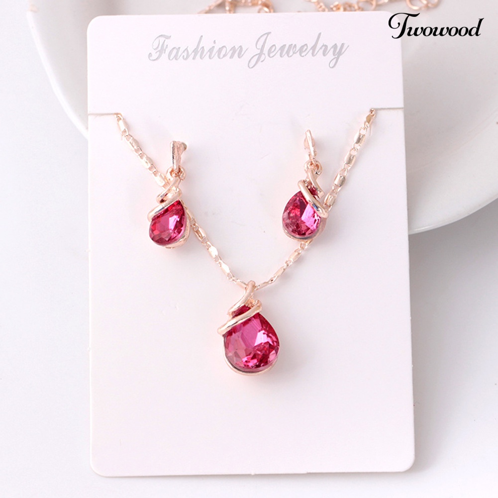 Twowood Fashion Wanita Teardrop Berlian Imitasi Liontin Stud Anting Kalung Set Perhiasan