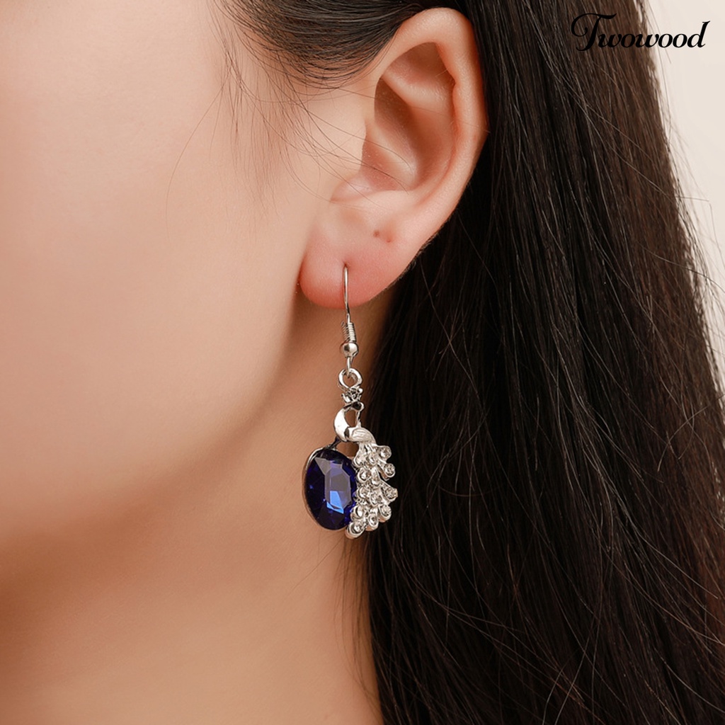 Twowood 2Pcs/Set Kalung Anting Set Biru Kristal Imitasi Kepribadian Glitter Indah Bentuk Merak Hias Berlian Imitasi Liontin Anting Kalung Perhiasan Aksesori