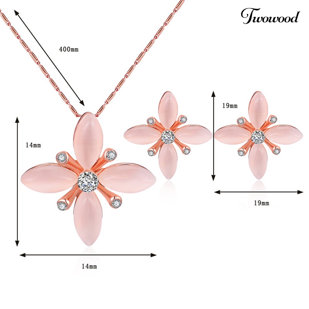 Twowood Fashion Ladies Berlian Imitasi Bunga Liontin Kalung Telinga Giwang Anting Set Perhiasan