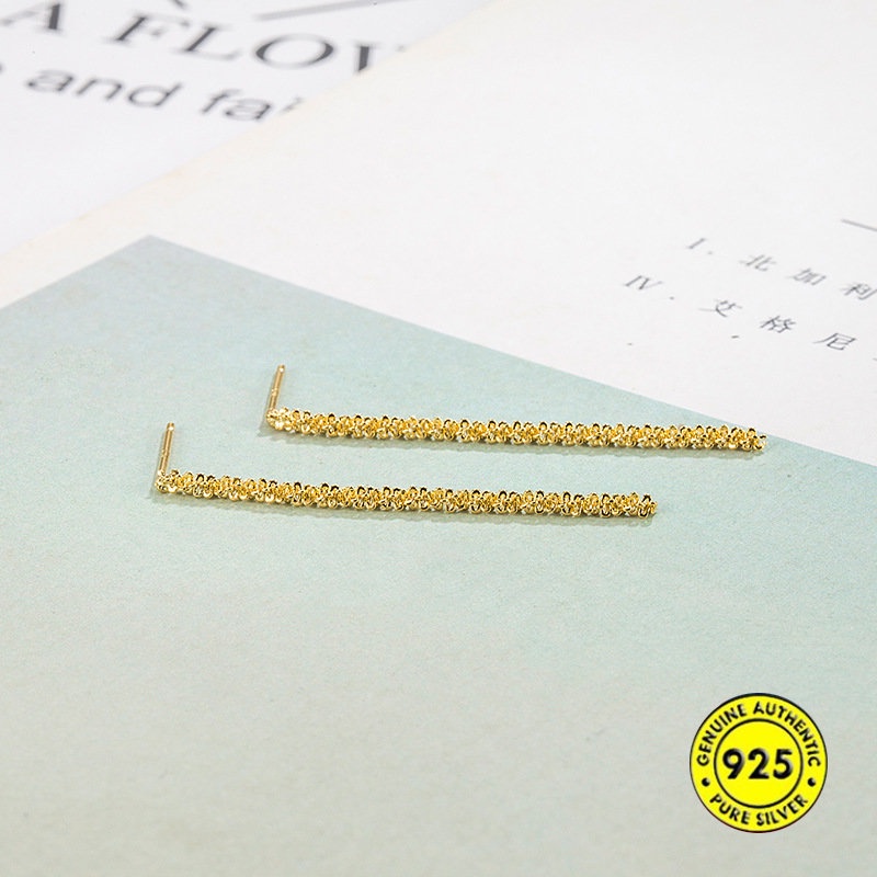 Starry S925 Silver Ear Studs Golden Sparkling Retro Berbentuk Garis Rumbai Anting Gantung U1201