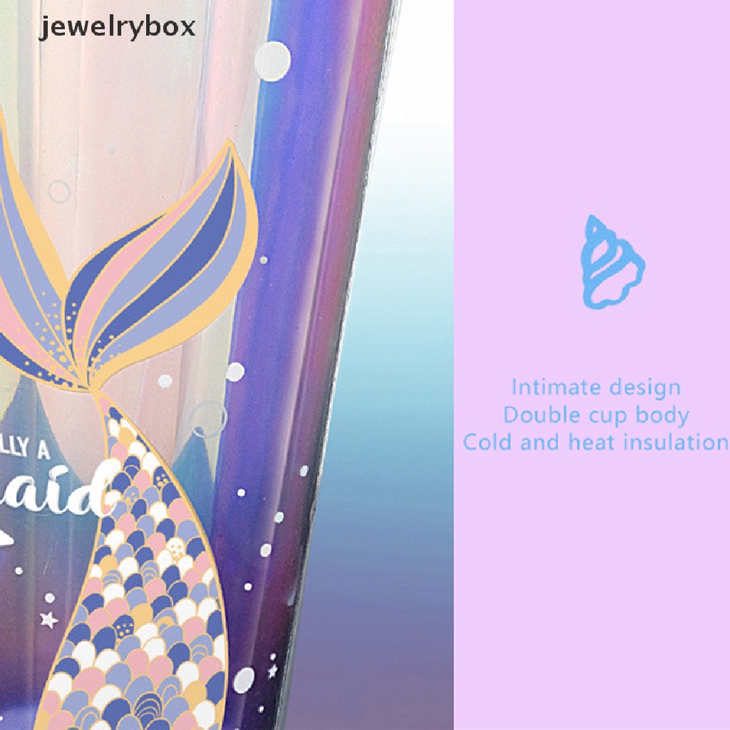 [jewelrybox] 420ml Cangkir Air Dengan Sedotan Double Wall Insulasi Panas BPA Free Anti Bocor Perlengkapan Minum Plastik Motif Mermaid Sippy Cup Butik