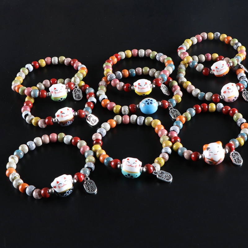 Lucu Kucing Beruntung Gelang Untuk Gadis Adjustable Manik-Manik Warna-Warni Gelang Harajuku Keramik Kucing Liontin Pesona Gelang Perhiasan