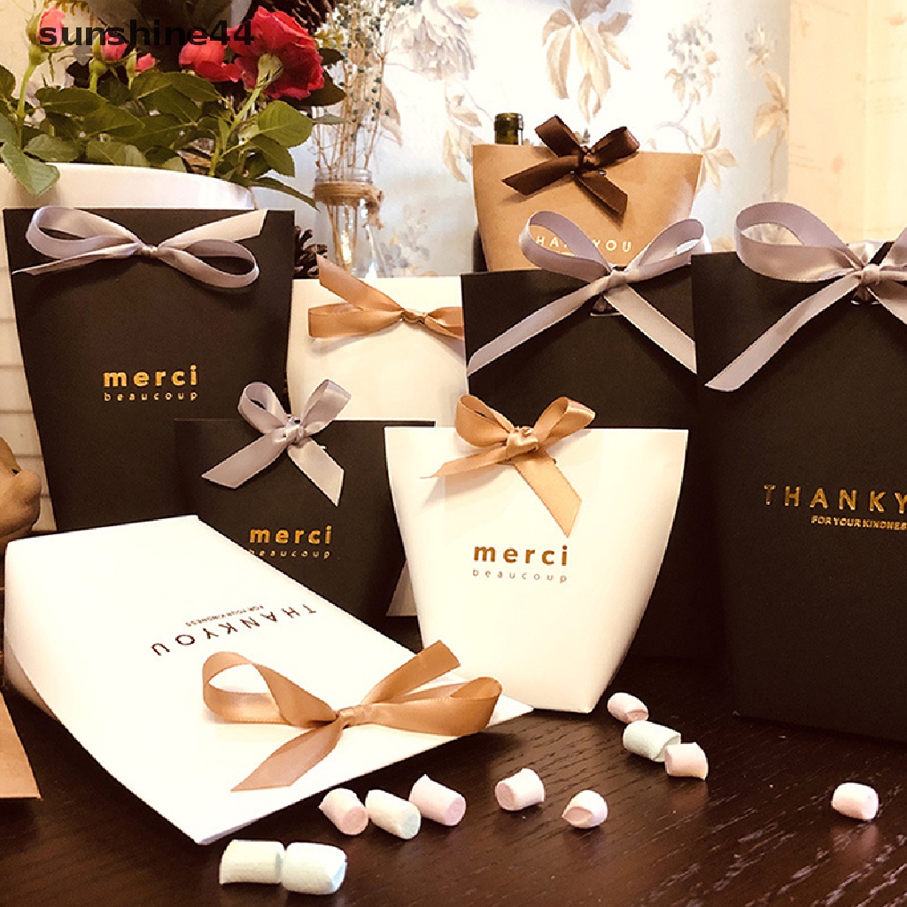 Sunshine 5pcs Kelas Atas Hitam Putih Bronzing &quot;Merci&quot; Candy Box DIY Kotak Hadiah Nikmat Pernikahan ID