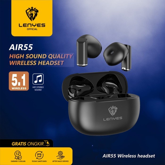 LENYES TWS Earphone Air 55 True Wireless Touch Hi-Fi Sound Bluetooth - Putih headset handsfree earbud rechargeable stereo in ear mini