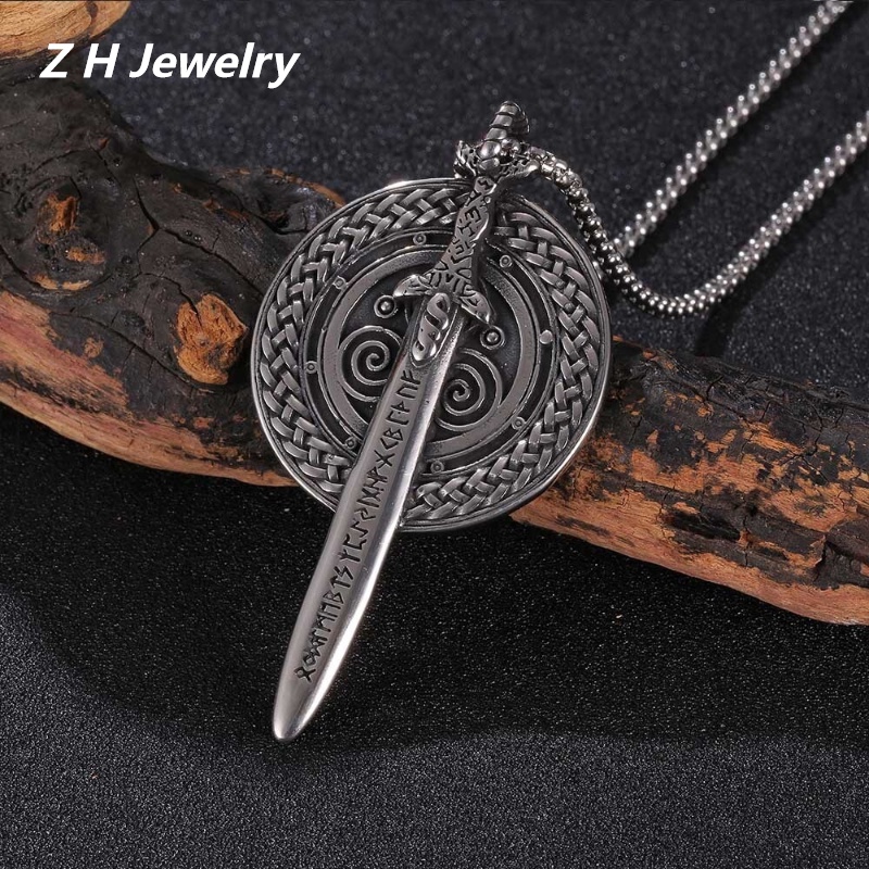 [Z H Perhiasan] Vintage Viking Warrior Pedang Perisai Hip Hop Liontin Fashion Pria Dan Wanita Anti Karat Kalung Punk Pesta Rock Perhiasan Aksesoris