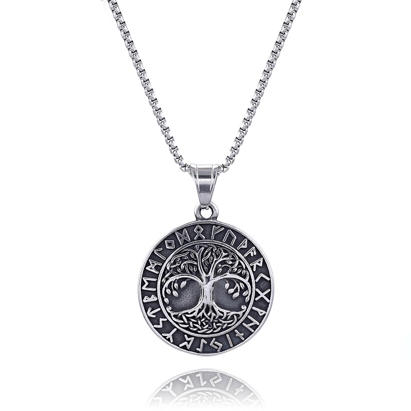 [X C Kalung] Baru Silvery Vintage Viking Rune Life Tree Pendant Punk Hip Hop Stainless Steel Kalung Hadiah Pesta Ulang Tahun Untuk Pria Dan Wanita