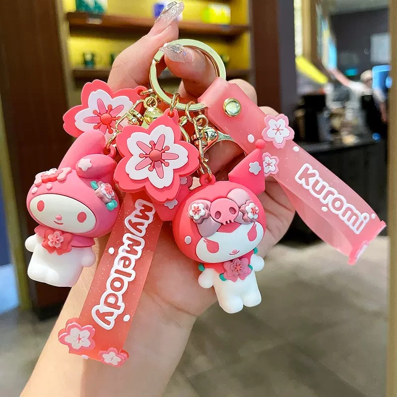 Hadiah Gadis Gantungan Kunci Pink Lucu 3D Sakura Hewan Warna Emas Mobil Rumah Gantungan Kunci Tas Ponsel Case Bluetooth Earphone Cover Charms Liontin Dengan Tali Anti Hilang