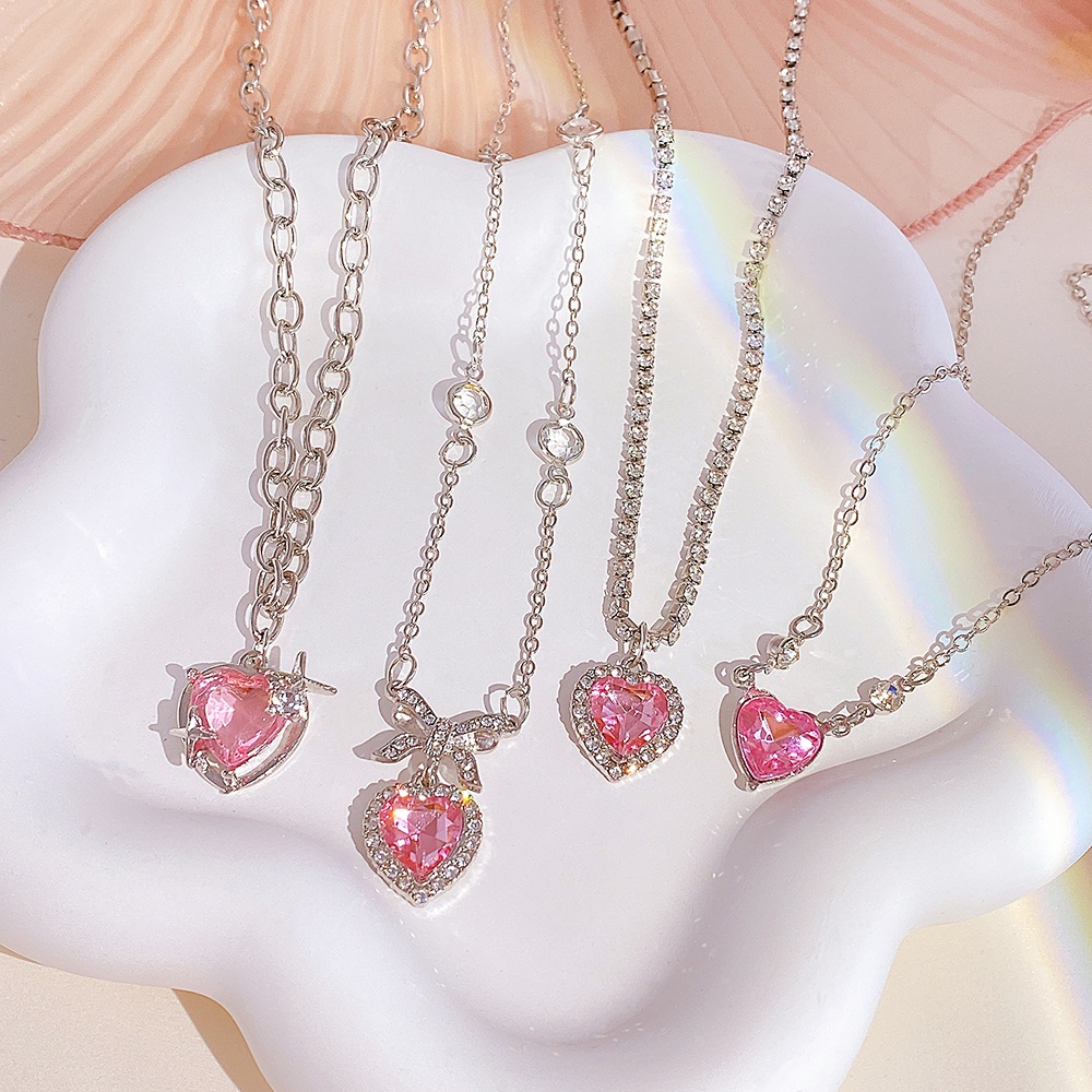 Fashion Perak Kalung Manis Merah Muda Zirkon Liontin Kalung Sayap Busur Kupu-Kupu Hati Kunci Rantai Choker Untuk Aksesoris Wanita