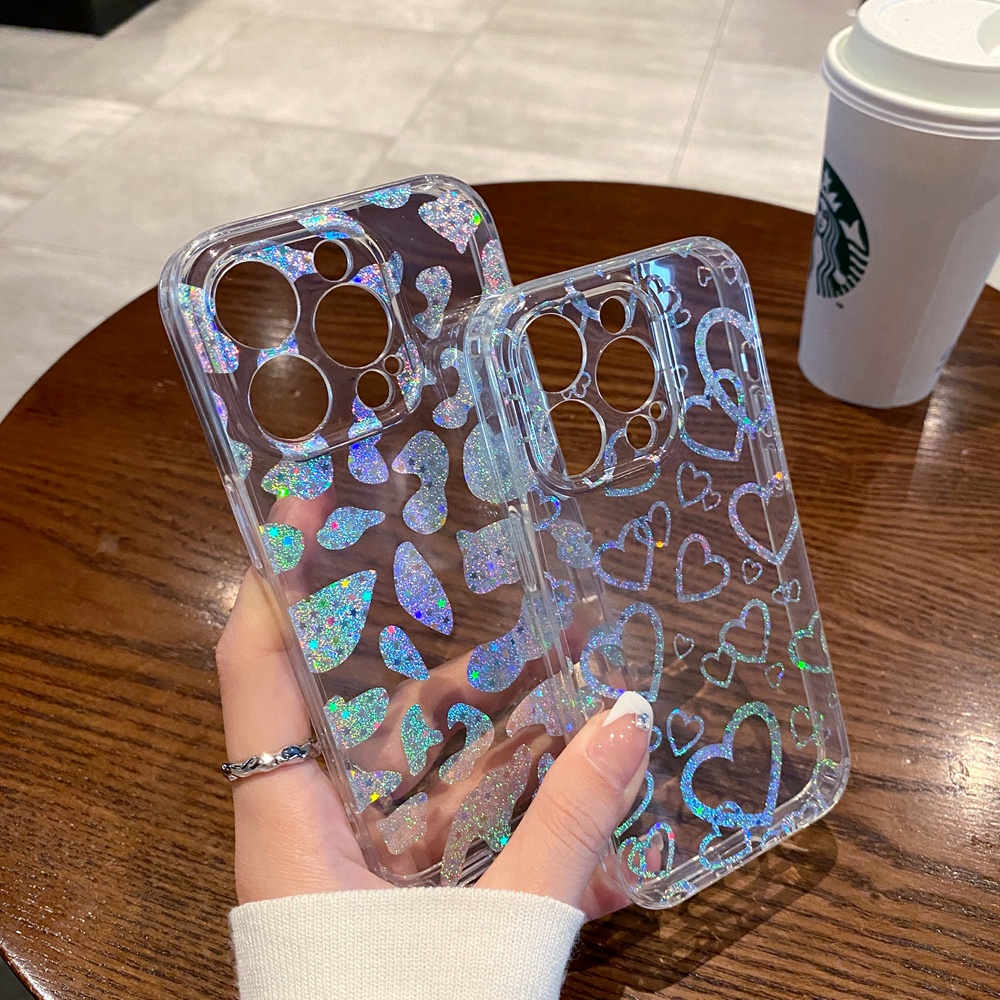 IPHONE Casing Bening Leopard Cinta Hati Laser Warna-Warni Untuk Iphone14 13 12 11 Pro Max Berlapis Mewah Dua Sisi Tahan Shocproof Soft Phone Cover