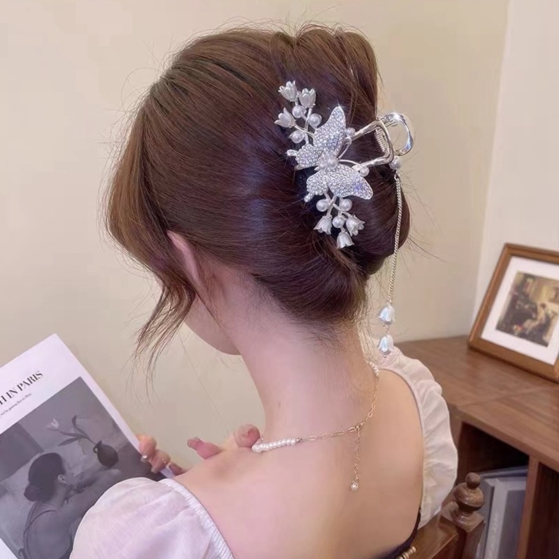 Lili Elegan Dari Valley Hair Clip/Indah Berlian Imitasi Kupu-Kupu Rambut Besar Cakar Klip/Temperamen Mutiara Rumbai Hiu Jepit