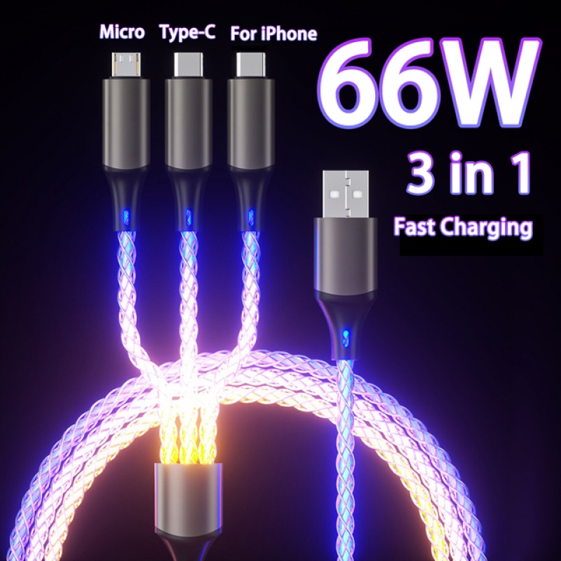 Kabel Data RGB 3in1 Mobil Luminous Breathing Gradient Pengisian Super Cepat Untuk Handphone iPhone Android Type-C