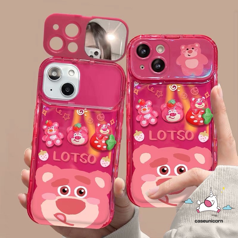 Casing Kartun Manyo Case Kompatibel Untuk iPhone 11 Pro Max7 8 14 Plus 7Plus 14 12 13 Pro MAX XR X XS MAX SE Beruang Strawberry Lucu 3D Mainan Flip Make Up Cermin Shockproof Soft Cover