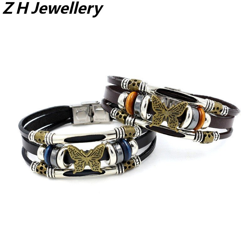 [Z H Perhiasan] Vintage Kupu-Kupu Gelang Kulit Pria Dan Wanita Fashion Stainless Steel Multi layered Beaded PU Bracelet Punk Rock Pesta Perhiasan Aksesoris