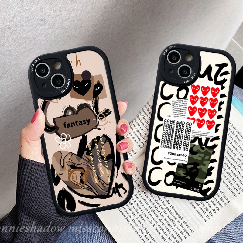 Ins Graffiti Cinta Hati Case Kompatibel Untuk iPhone 7plus 11 14 12 13 Pro Max XR 6 6s 7-8 plus X XS Max SE 2020 Trendi Merek Comme des Garcons Lembut Tpu Penutup Belakang Cases